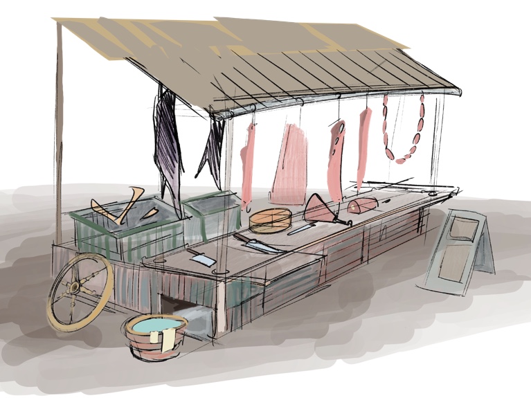 This is a digital watercolor sketch of a butcher shop from an older time period prior to the 1800's. I intended to keep things conservative and simple  in the design though I accidentally aded some modern elements which I'll have to go back and edit later for the purpose of the story.